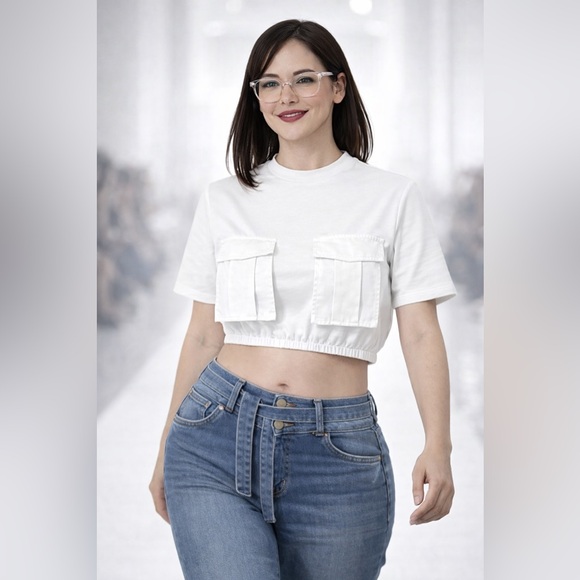 Women’s Ultra Short Cargo Crop Top with Round Neck and Pocket - Casual - Picture 3 of 14